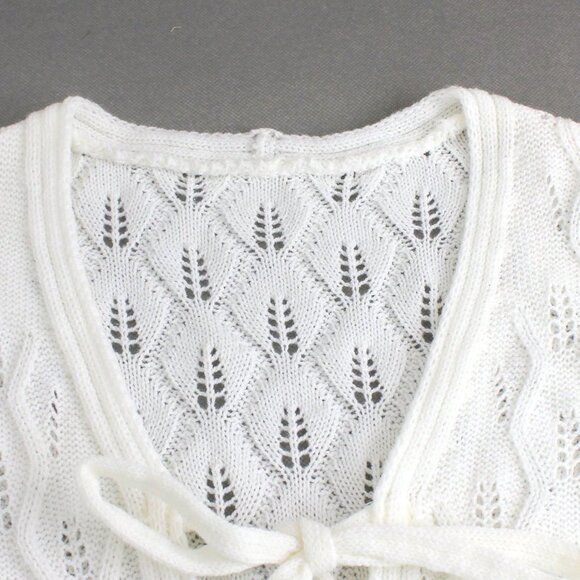 White Casual Women's Tie-Front Hollow-Out Long Sleeve Geometric Knit Cardigan - Picture 5 of 7